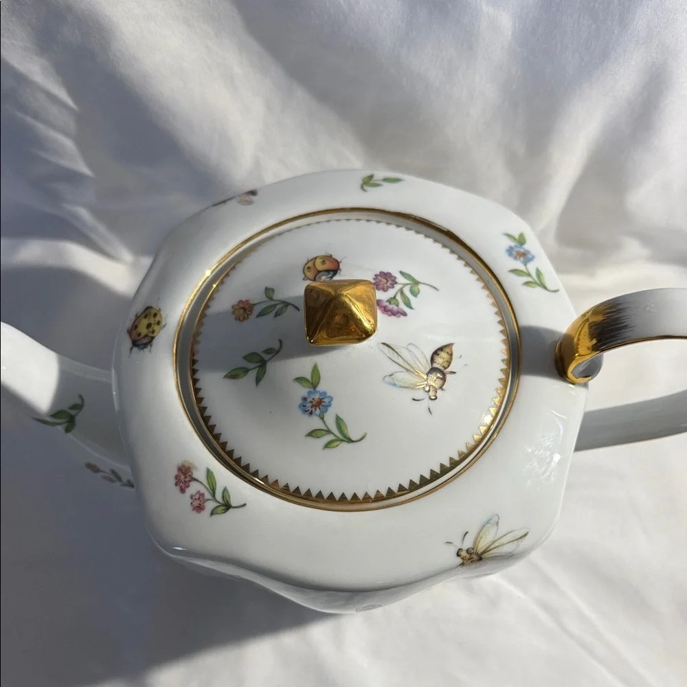 Elegant  Godinger Primavera White Teapot with Gold Accents and Nature Design